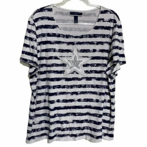 Karen Scott 3X Plus-size blue white‎ striped top with rhinestone Star